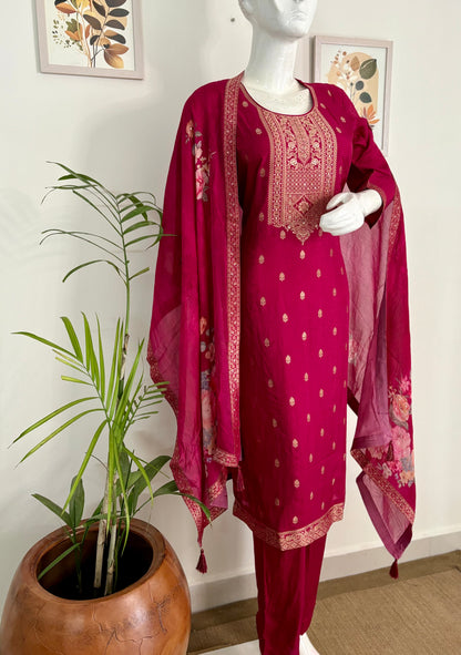 Pink Silk Kurta Set with Banarsi Weaving and Embroidery