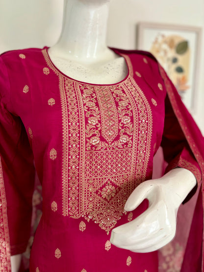 Pink Silk Kurta Set with Banarsi Weaving and Embroidery