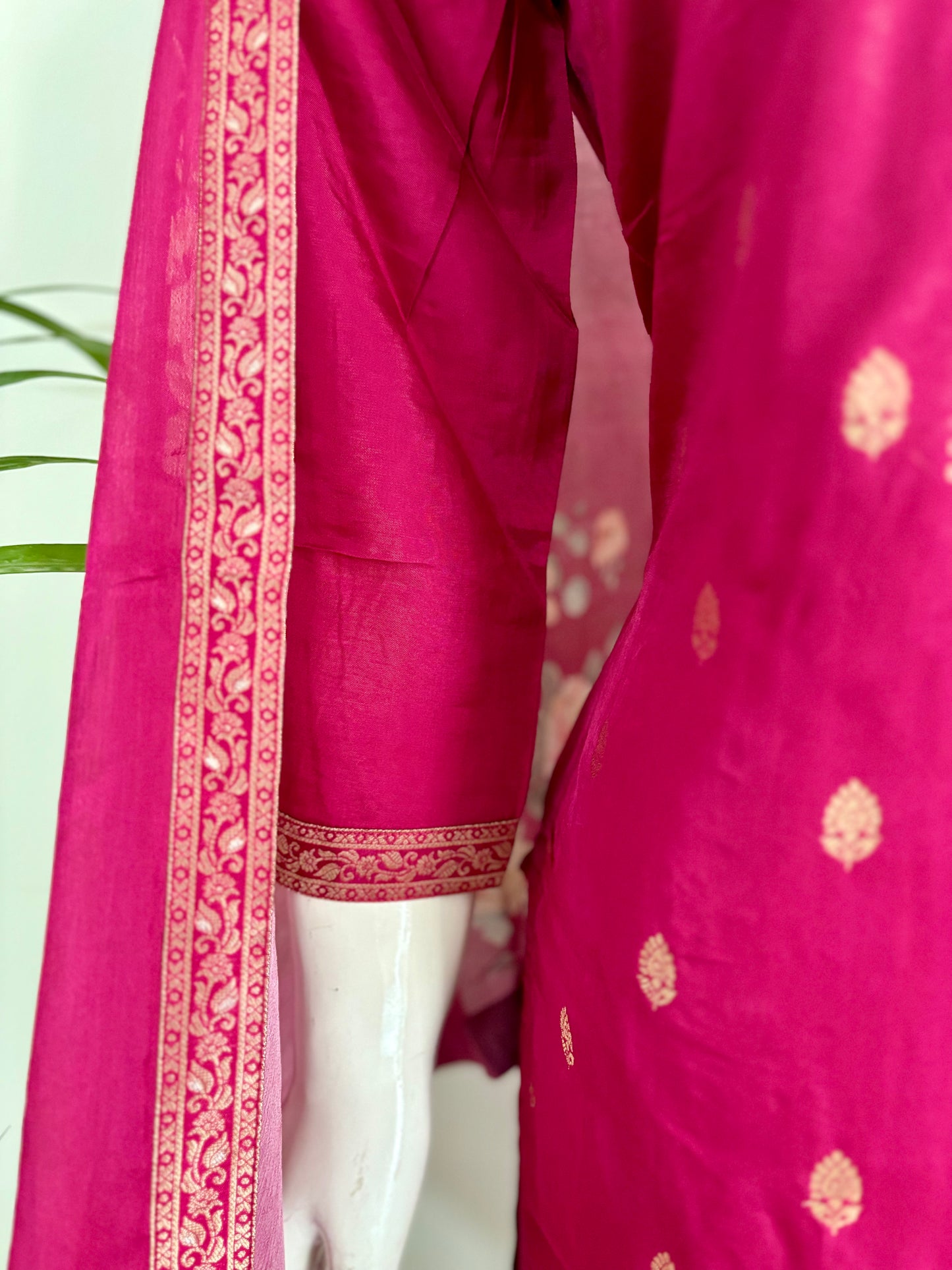 Pink Silk Kurta Set with Banarsi Weaving and Embroidery