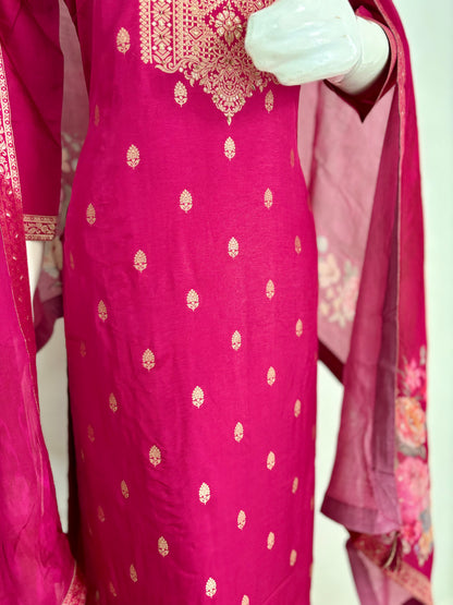 Pink Silk Kurta Set with Banarsi Weaving and Embroidery