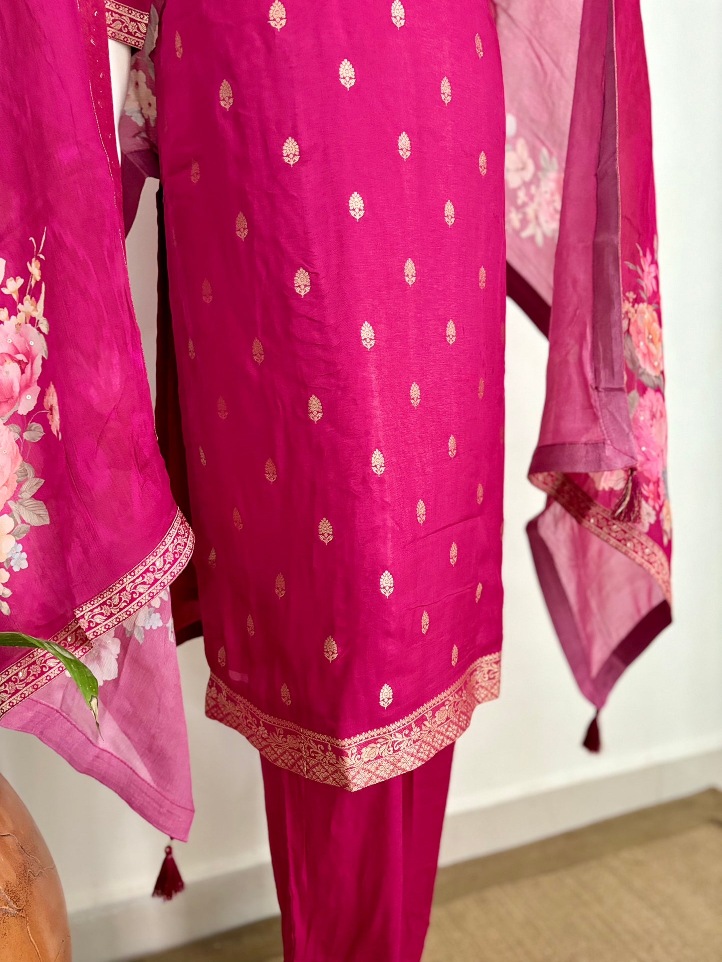 Pink Silk Kurta Set with Banarsi Weaving and Embroidery