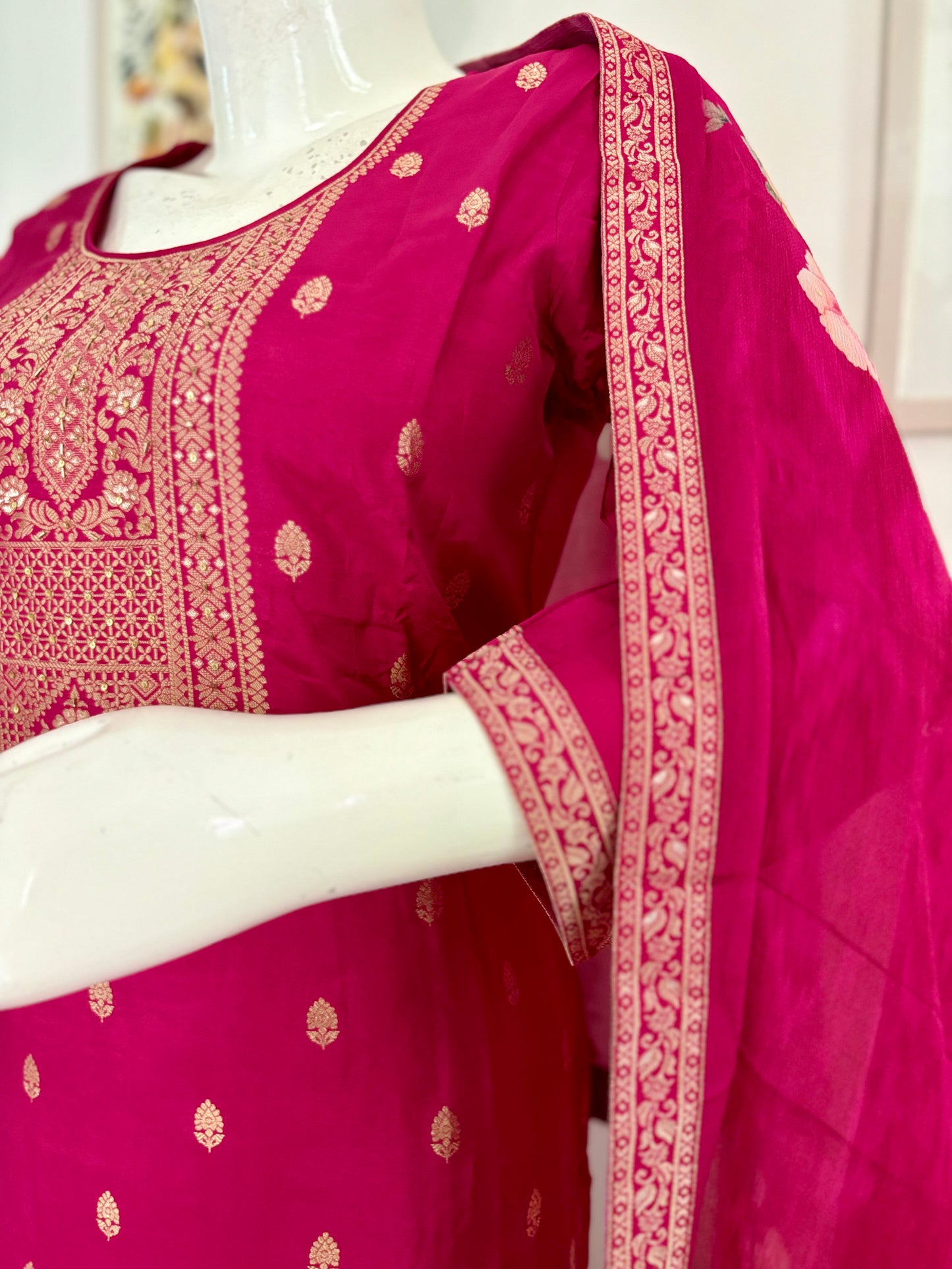 Pink Silk Kurta Set with Banarsi Weaving and Embroidery