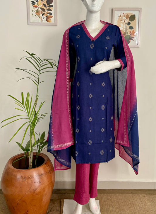 Royal Blue Handloom Cotton V-Neck Kurta Set