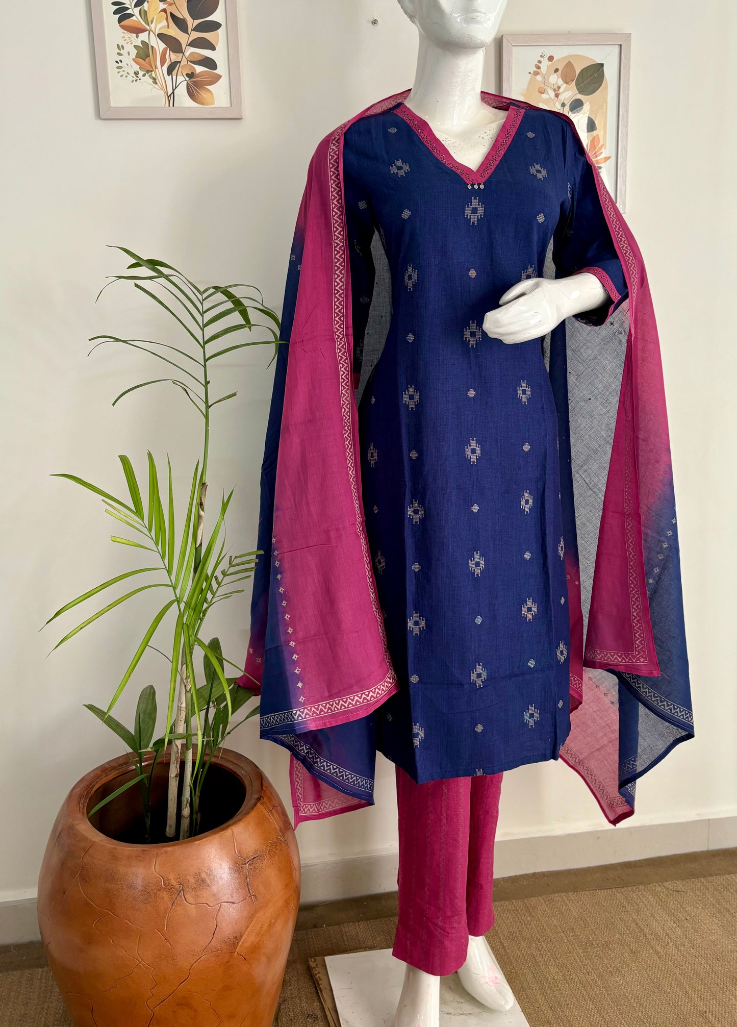 Royal Blue Handloom Cotton V-Neck Kurta Set