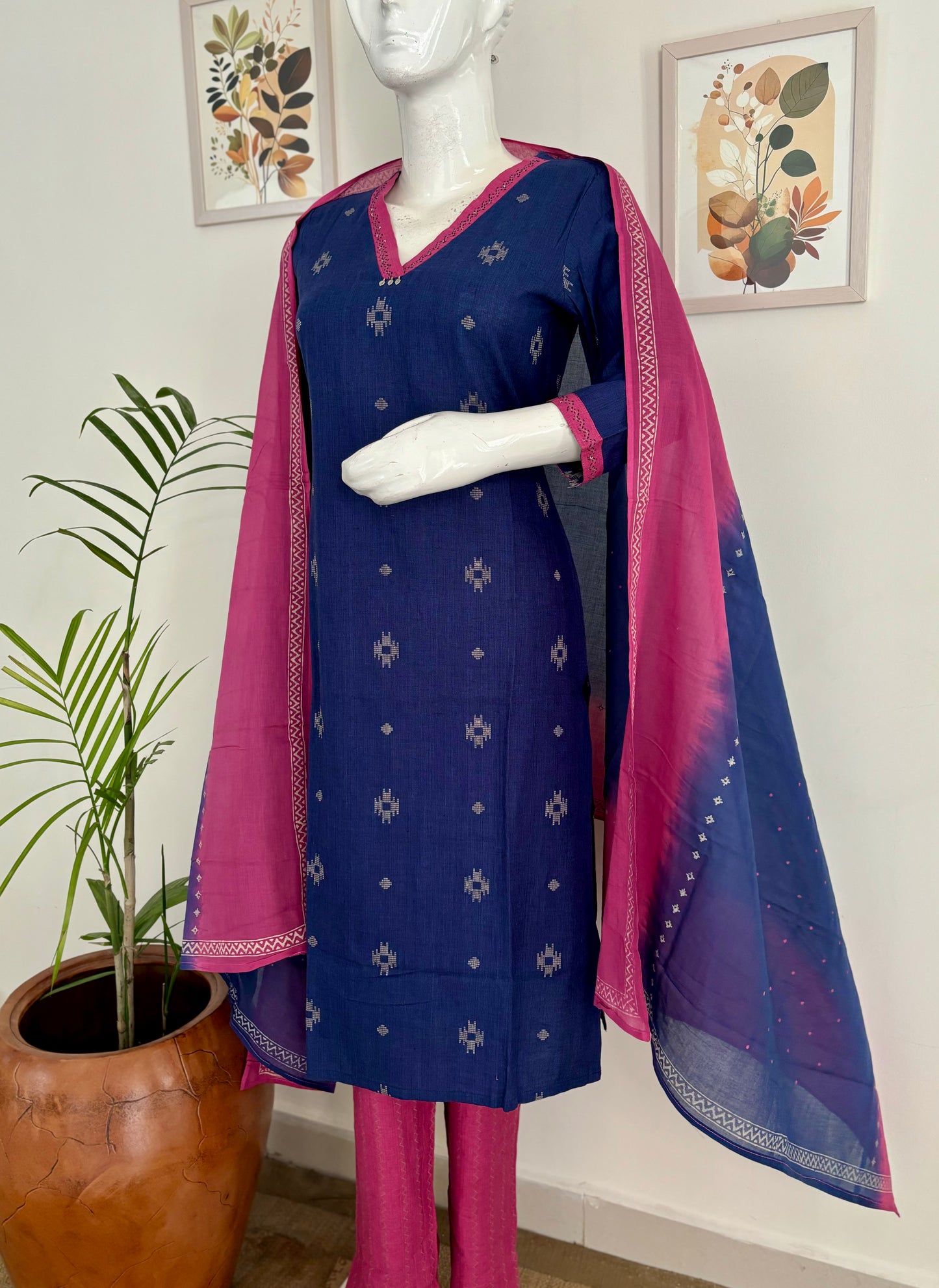 Royal Blue Handloom Cotton V-Neck Kurta Set