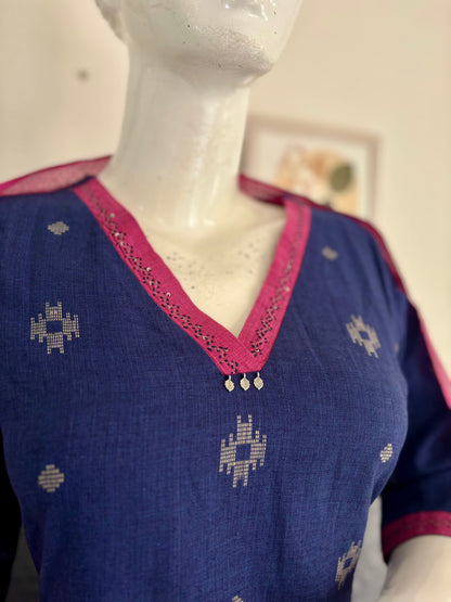 Royal Blue Handloom Cotton V-Neck Kurta Set