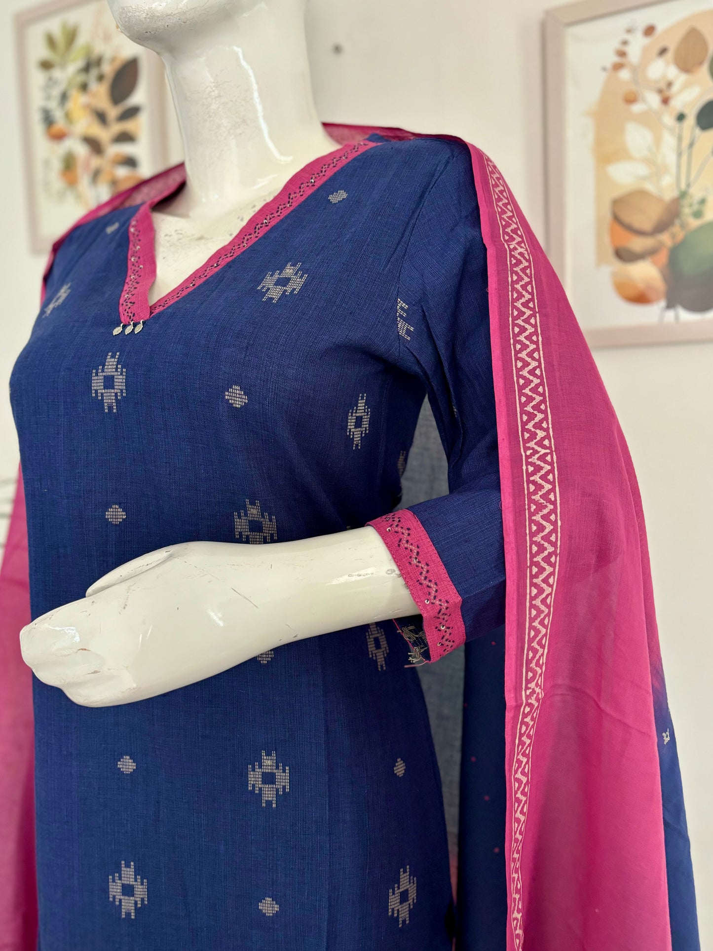 Royal Blue Handloom Cotton V-Neck Kurta Set