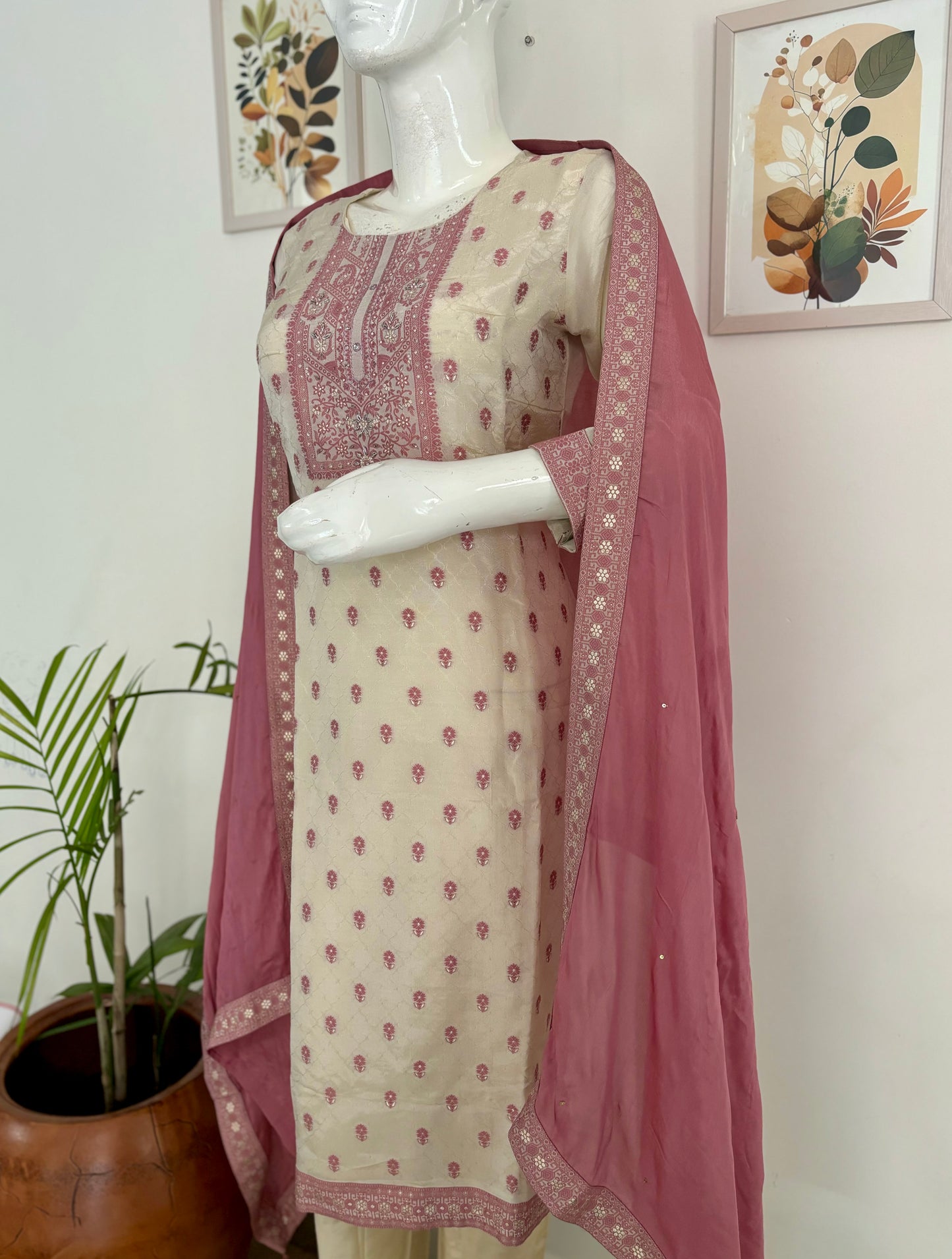 Pearl White Silk Kurta Set with Jamdani Weaving