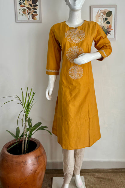 Pure Handloom Cotton Mustard Yellow A-Line Kurta Set