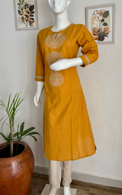 Pure Handloom Cotton Mustard Yellow A-Line Kurta Set