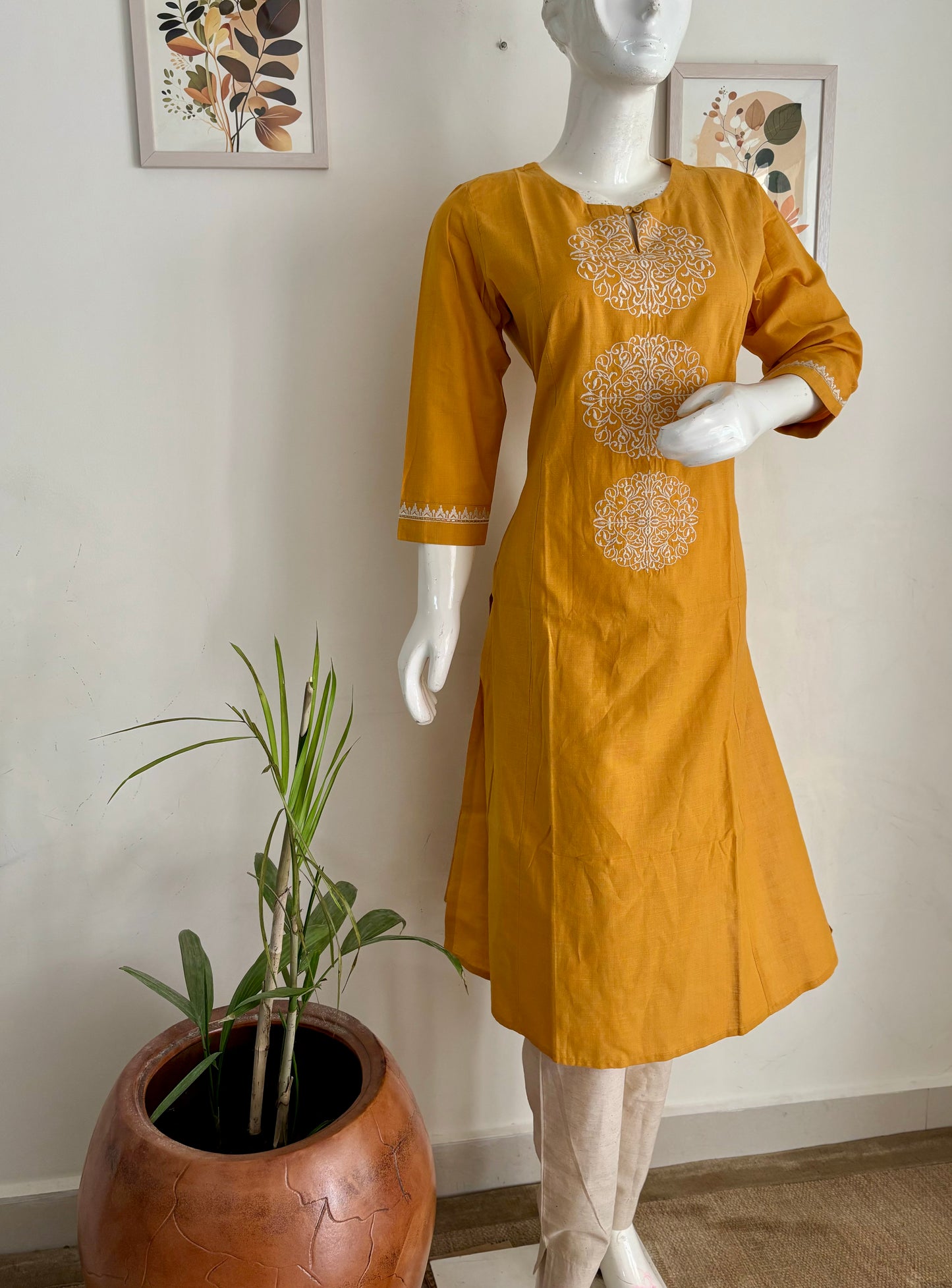 Pure Handloom Cotton Mustard Yellow A-Line Kurta Set