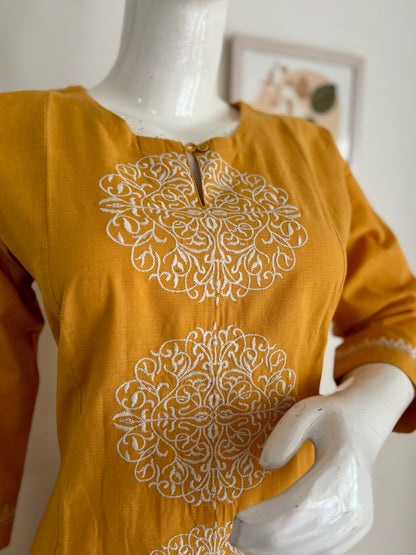 Pure Handloom Cotton Mustard Yellow A-Line Kurta Set