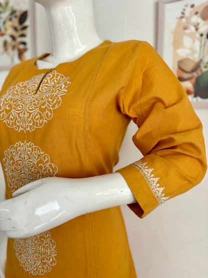 Pure Handloom Cotton Mustard Yellow A-Line Kurta Set