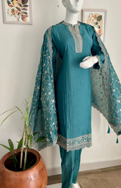 Silk Kurta Set with Zari Embroidered Dupatta