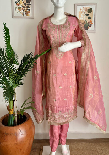 Golden Peach Chanderi Silk Kurta Set