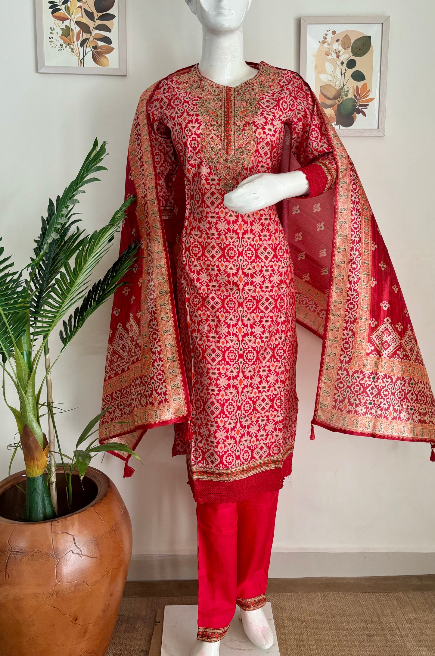 Red Muslin Silk Patola Kurta Set