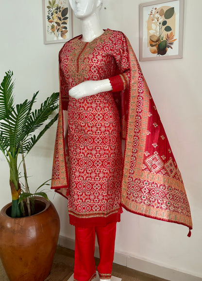 Red Muslin Silk Patola Kurta Set