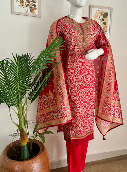 Red Muslin Silk Patola Kurta Set