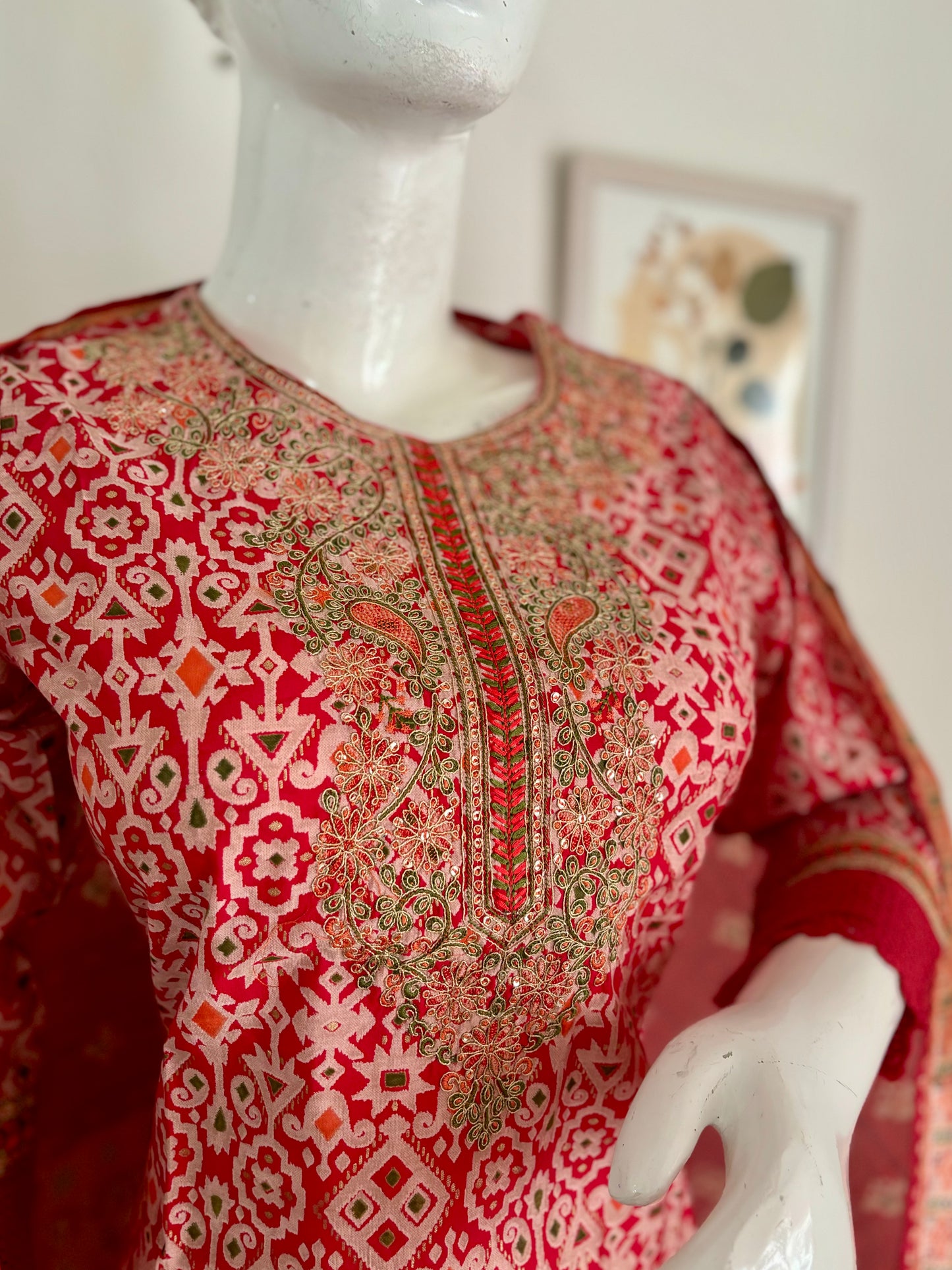 Red Muslin Silk Patola Kurta Set