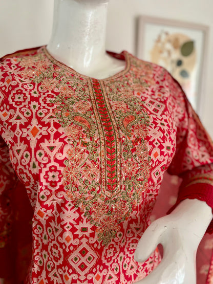 Red Muslin Silk Patola Kurta Set