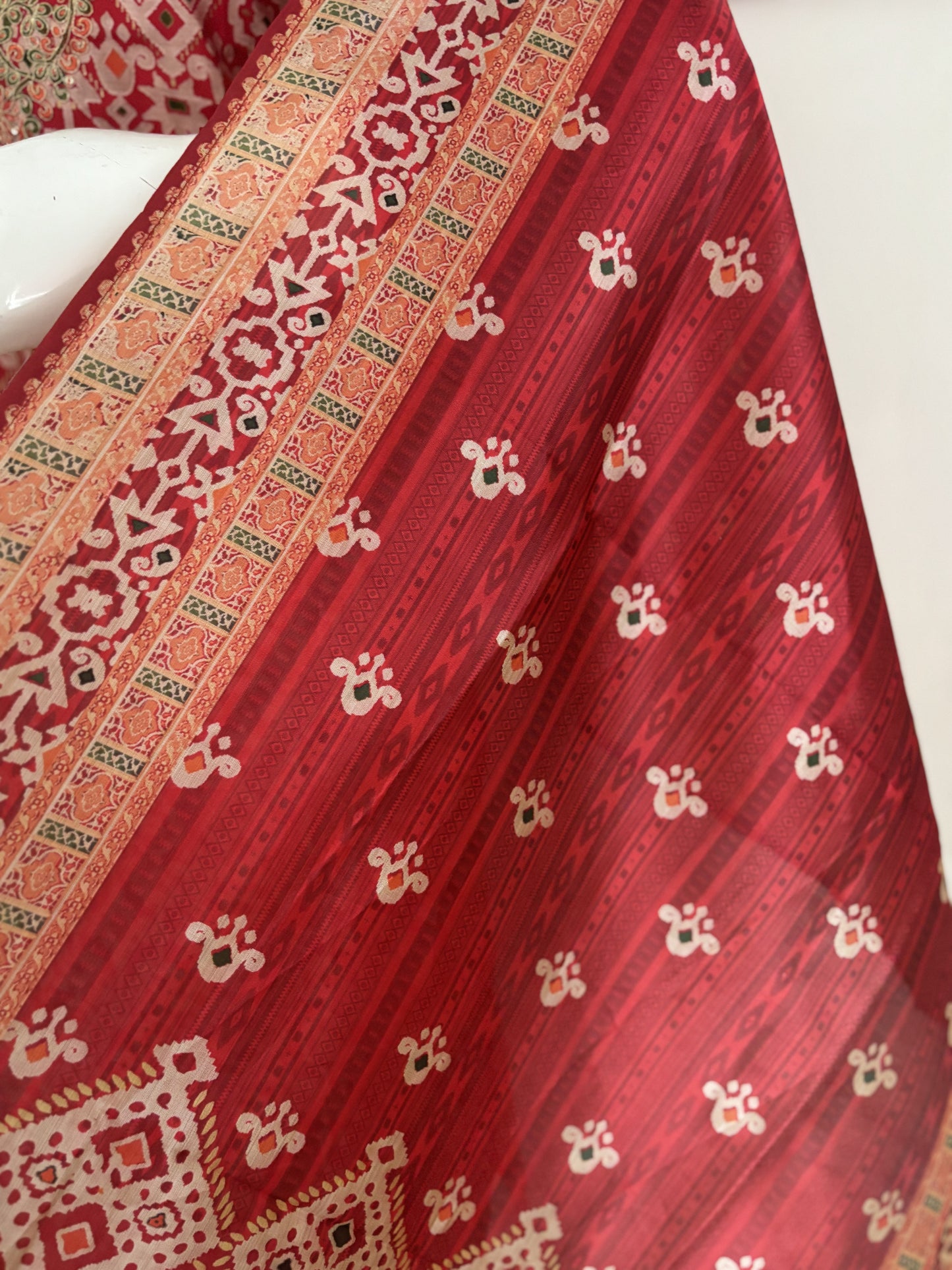 Red Muslin Silk Patola Kurta Set