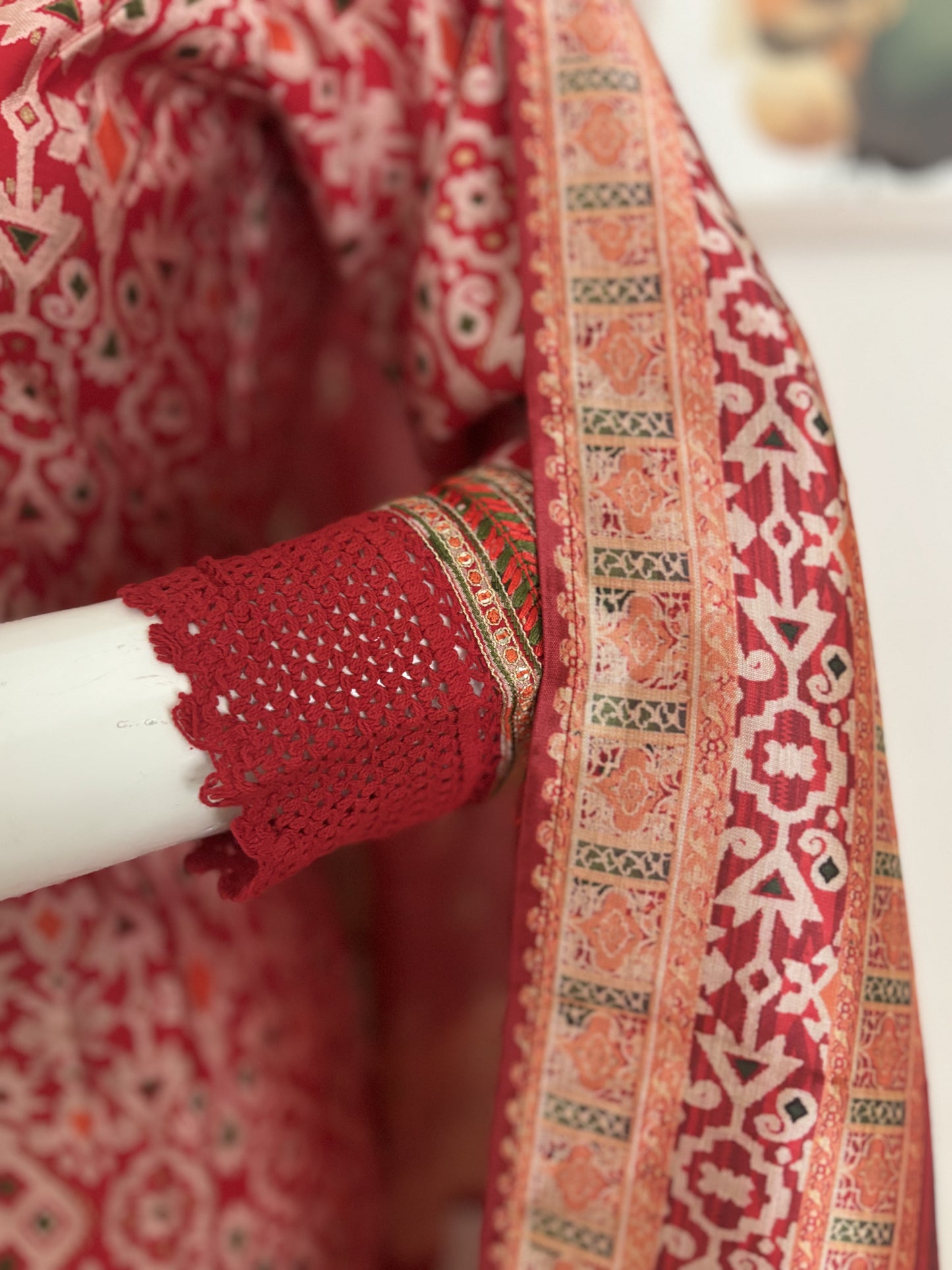 Red Muslin Silk Patola Kurta Set