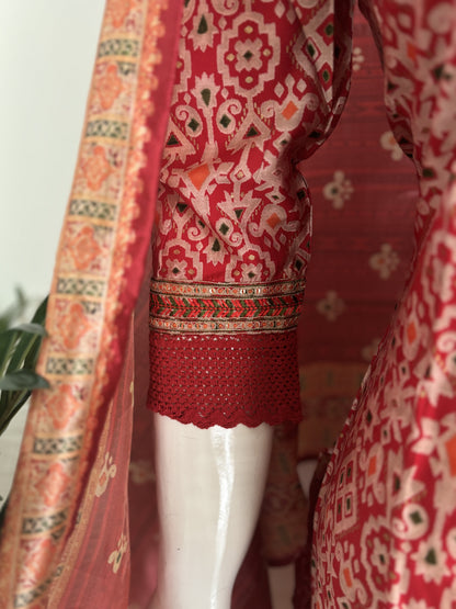 Red Muslin Silk Patola Kurta Set