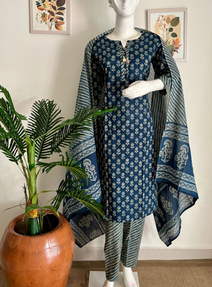 Handblock Blue Cotton Kurta Set