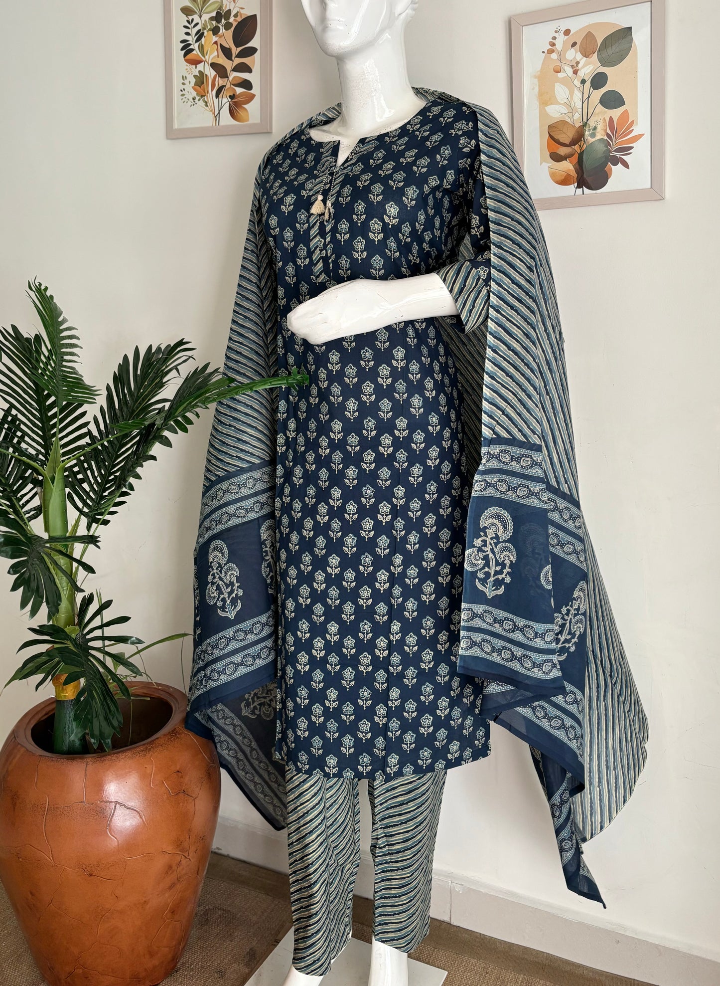 Handblock Blue Cotton Kurta Set