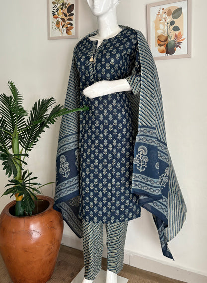 Handblock Blue Cotton Kurta Set