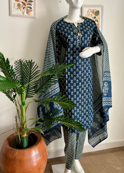 Handblock Blue Cotton Kurta Set