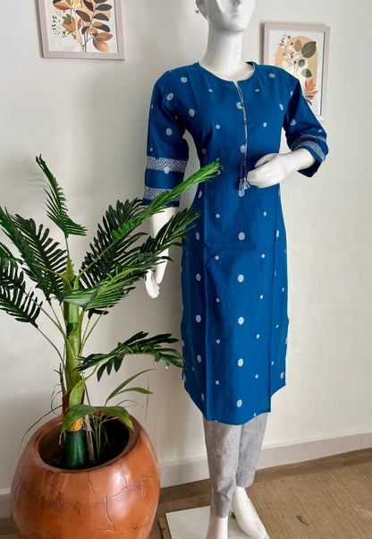 Pure Handloom Cotton Blue Weaving Kurta Set