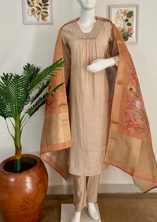 Pure Silk Golden Brownish Kurta Set