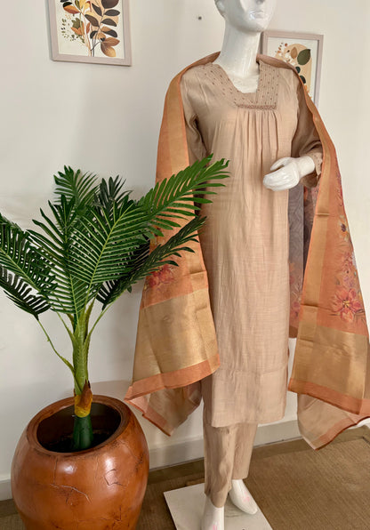 Pure Silk Golden Brownish Kurta Set