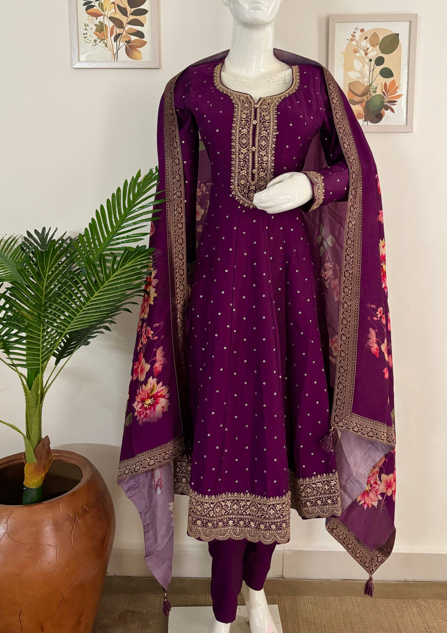 Purple Silk Anarkali Set