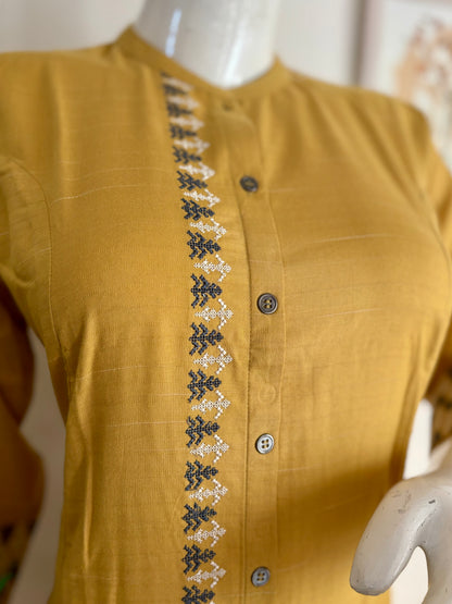 Pure Cotton Kurta in Shades of Yellow with Thread Embroidery