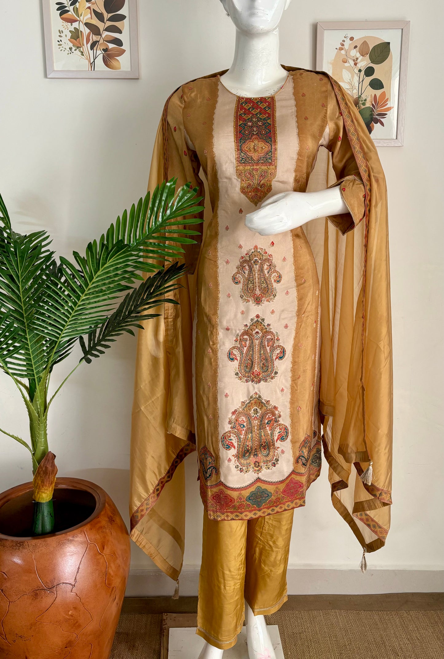 Pure Silk Jamdani Kurta Set in Mustard Color