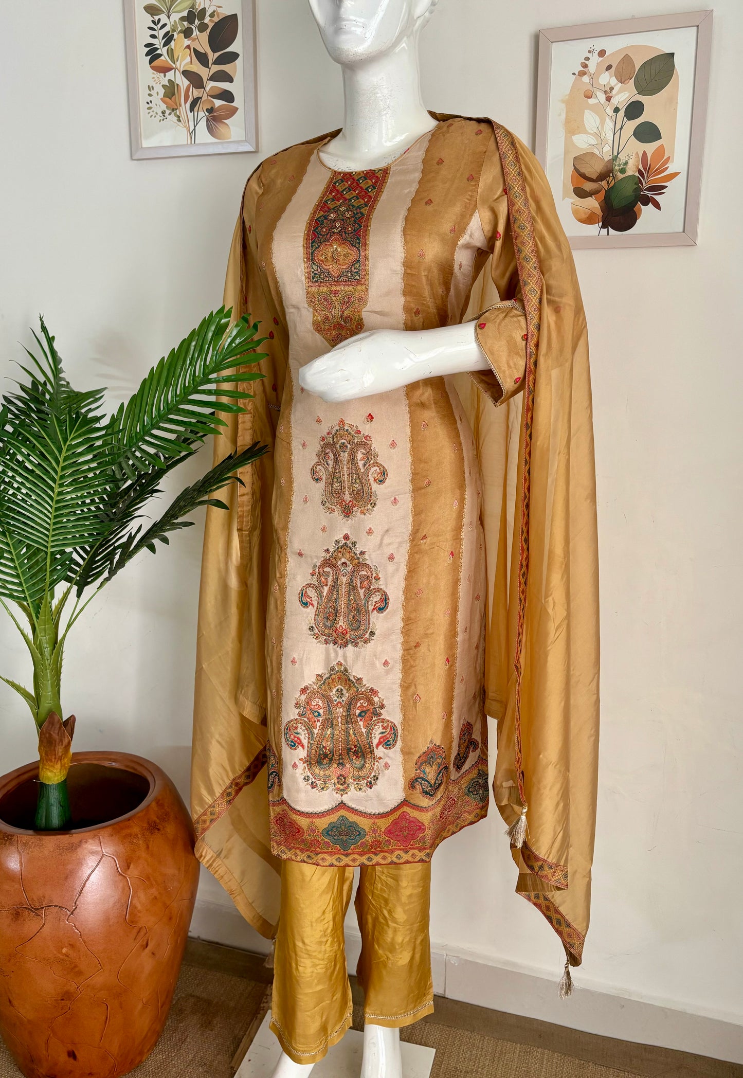 Pure Silk Jamdani Kurta Set in Mustard Color