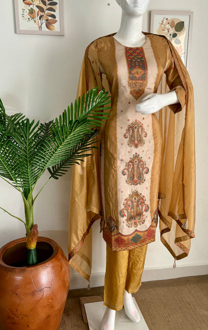 Pure Silk Jamdani Kurta Set in Mustard Color