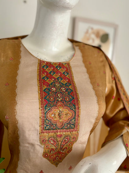 Pure Silk Jamdani Kurta Set in Mustard Color