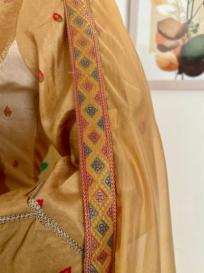 Pure Silk Jamdani Kurta Set in Mustard Color