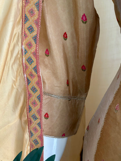 Pure Silk Jamdani Kurta Set in Mustard Color