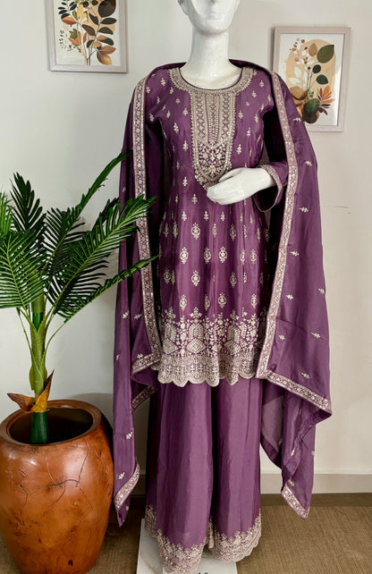 Lavender Pure Chinon Silk Short Anarkali Set with Intricate Silver Thread Embroidery