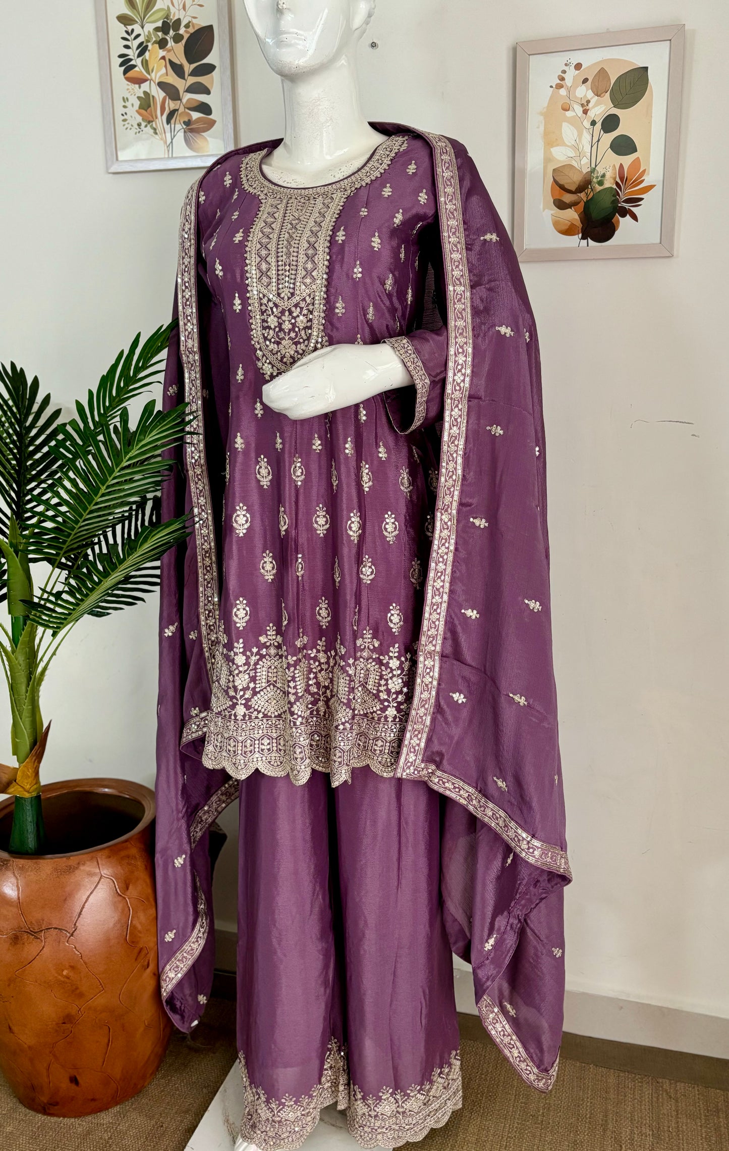 Lavender Pure Chinon Silk Short Anarkali Set with Intricate Silver Thread Embroidery