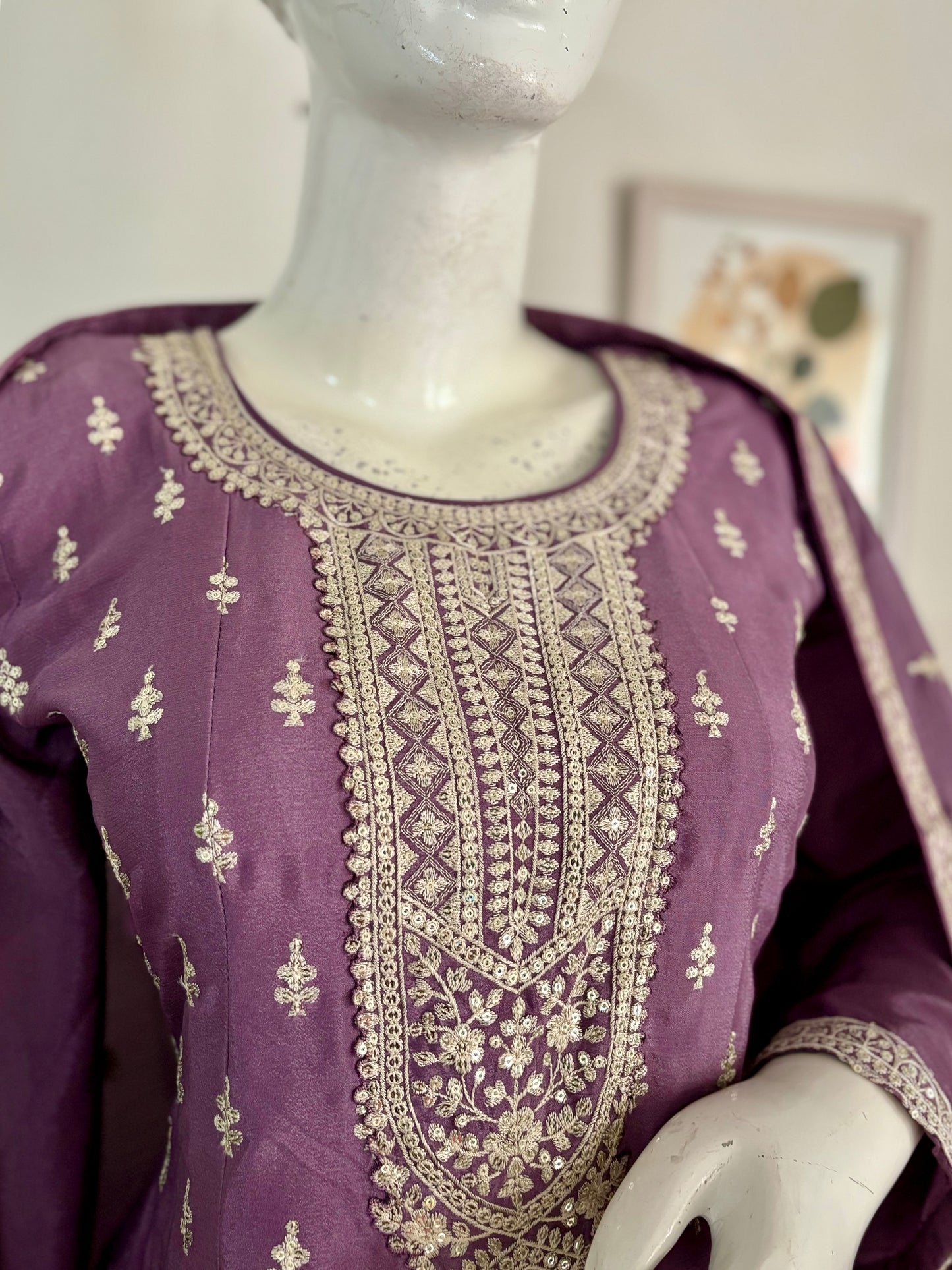 Lavender Pure Chinon Silk Short Anarkali Set with Intricate Silver Thread Embroidery