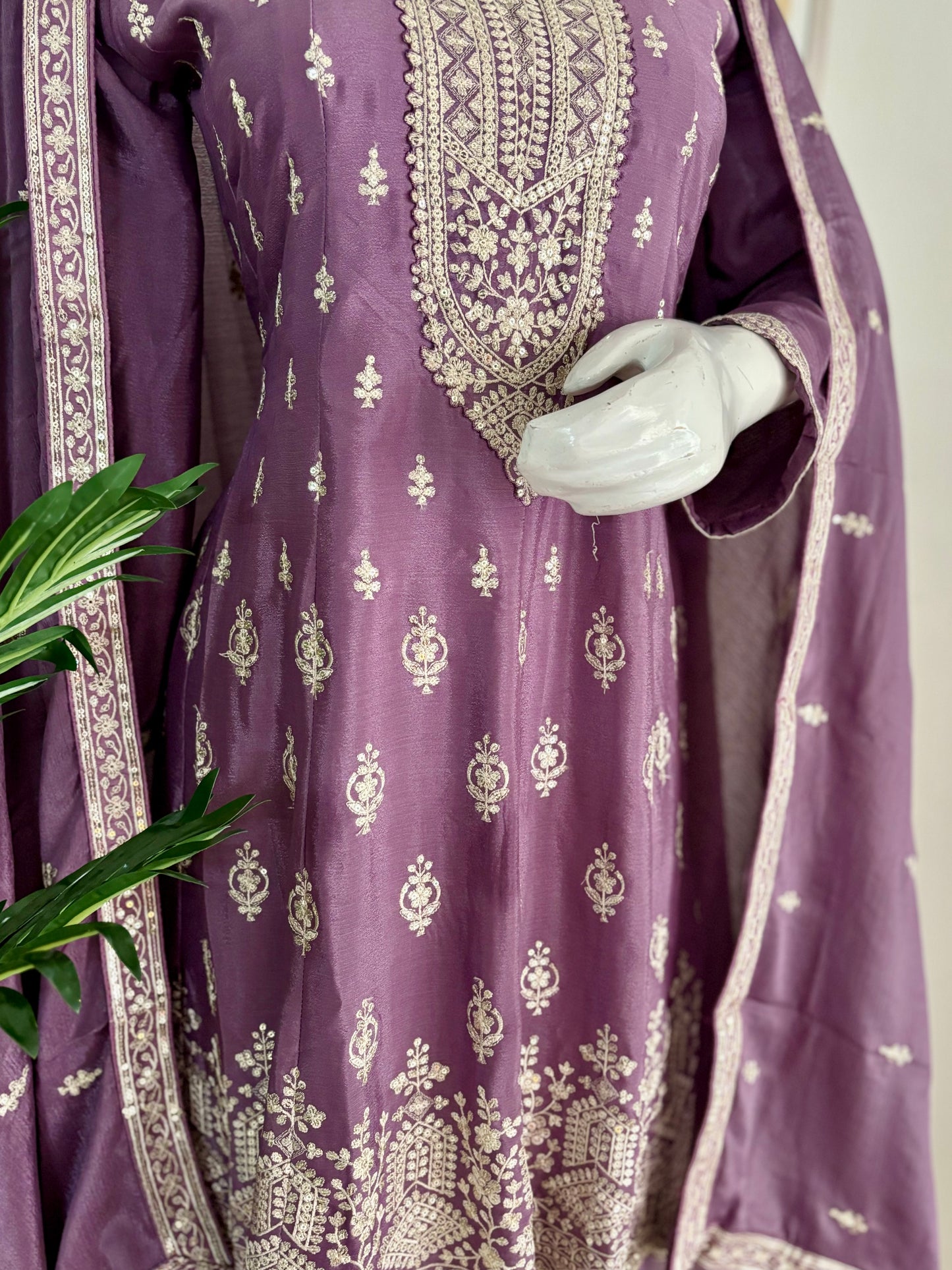 Lavender Pure Chinon Silk Short Anarkali Set with Intricate Silver Thread Embroidery