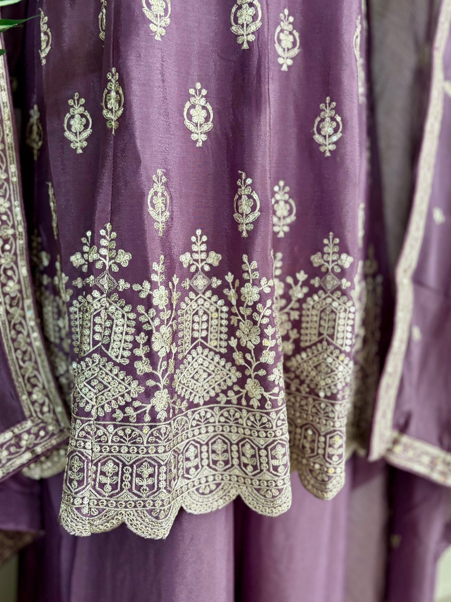 Lavender Pure Chinon Silk Short Anarkali Set with Intricate Silver Thread Embroidery