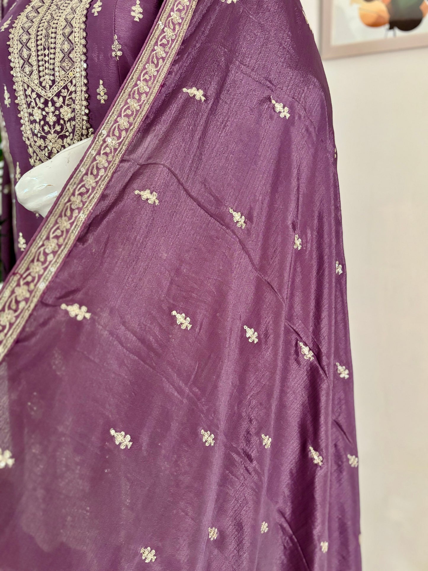 Lavender Pure Chinon Silk Short Anarkali Set with Intricate Silver Thread Embroidery