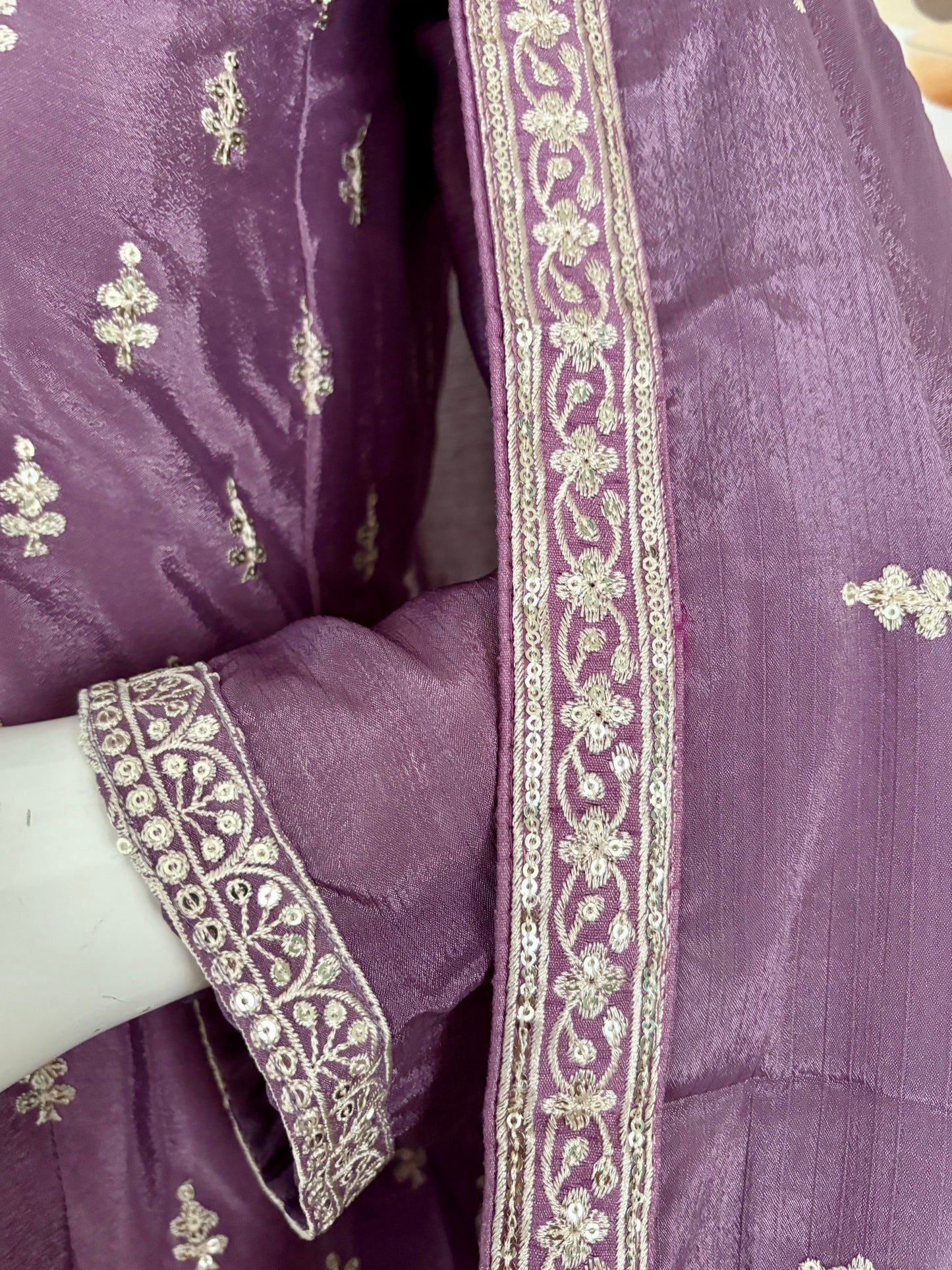 Lavender Pure Chinon Silk Short Anarkali Set with Intricate Silver Thread Embroidery