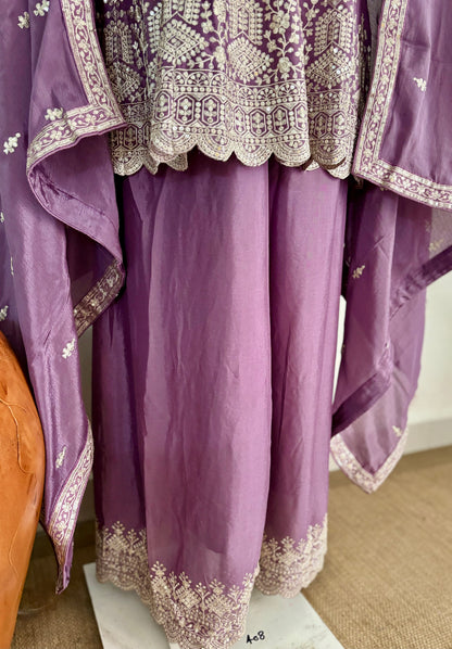 Lavender Pure Chinon Silk Short Anarkali Set with Intricate Silver Thread Embroidery